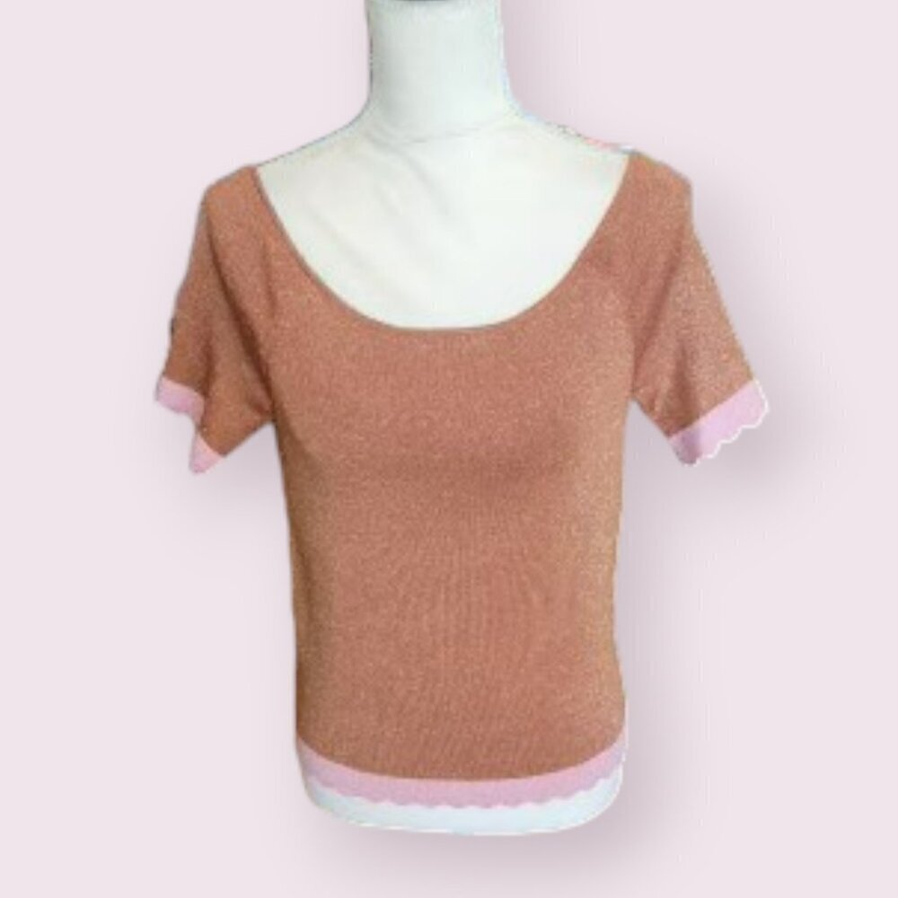 Kate Spade Metallic Brown and Pink Short Sleeve Elegant Sweater - in Size Large
